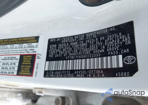 2016 Toyota Camry Se from USA, damaged, VIN 4T1BF1FK0GU222333